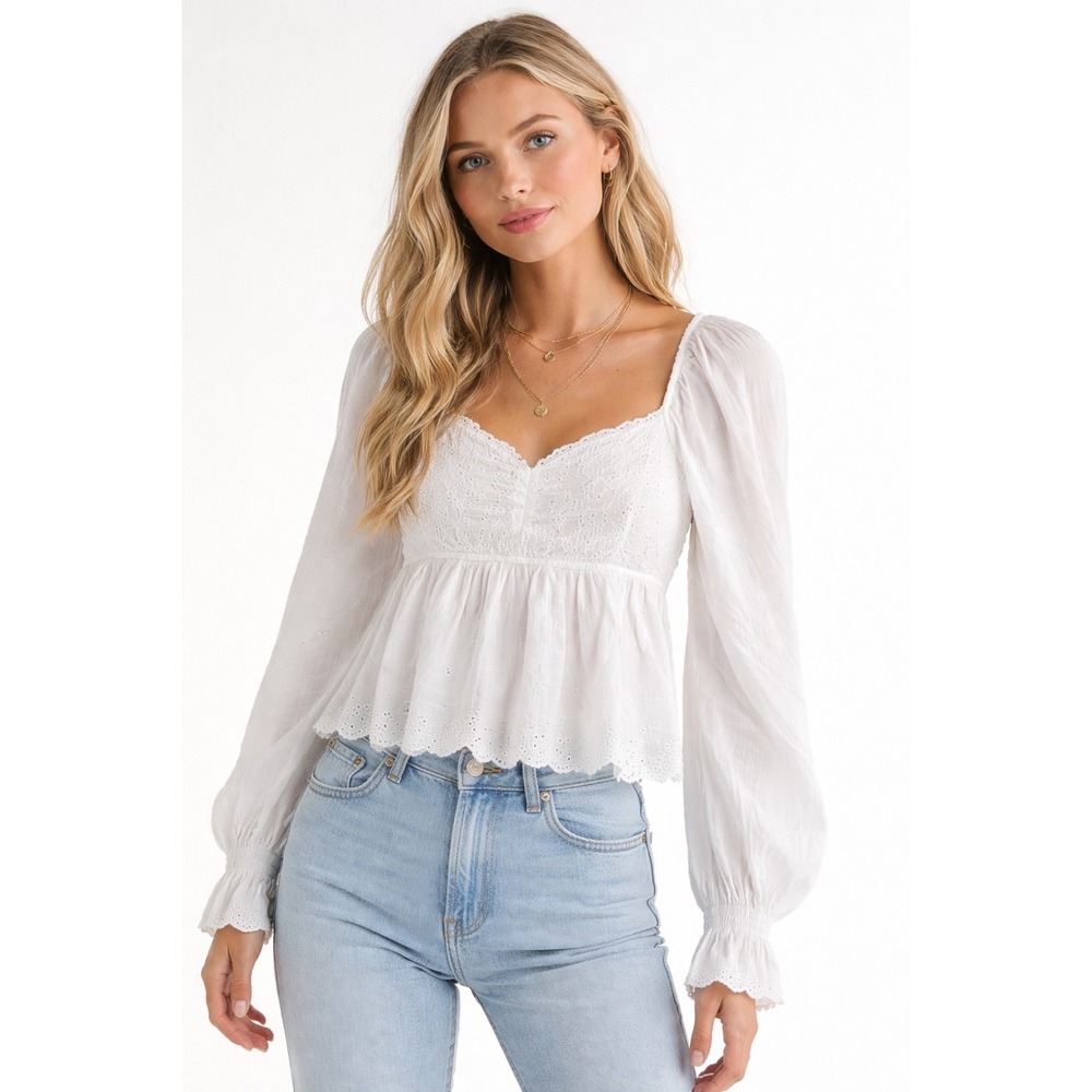 American Eagle Eyelet Peplum Top Square Neck Long Sleeve White XS